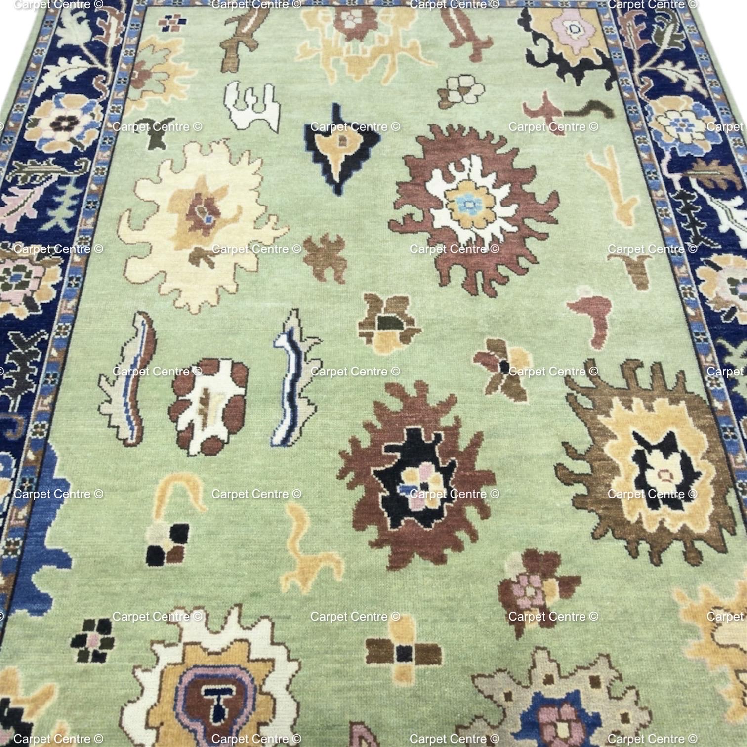 Hand-Knotted Sage Green Oushak Wool Rug, Navy Border, Living Room Decor
