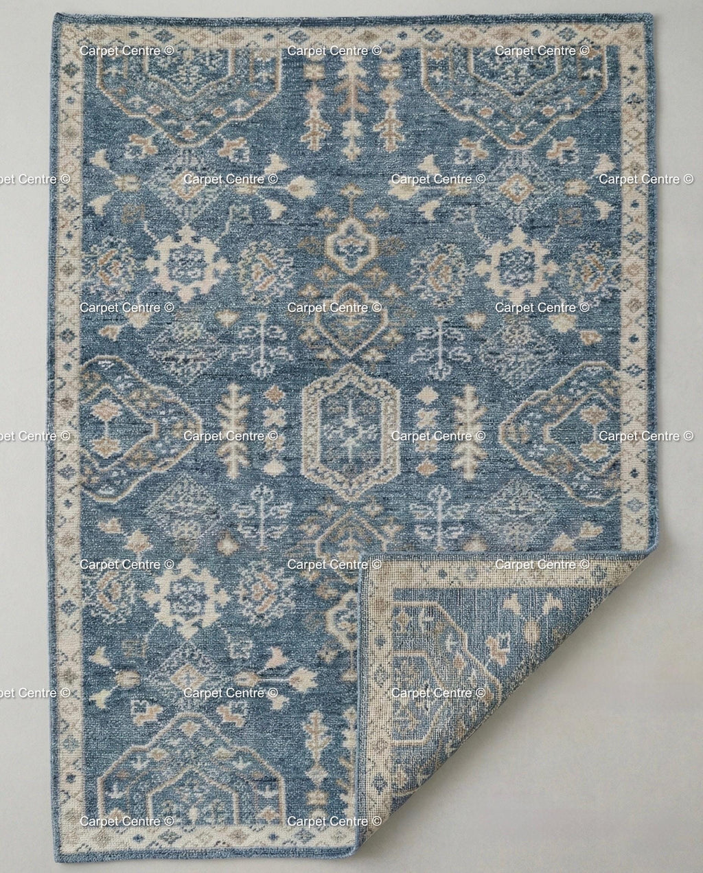 Indigo Blue Oushak Rug, Hand-Knotted Wool Tribal Geometric Carpet, Living Room Bedroom Decor