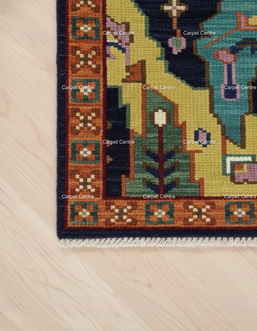 Navy Blue Oushak Rug, Hand-Knotted Wool, Geometric Boho Rug
