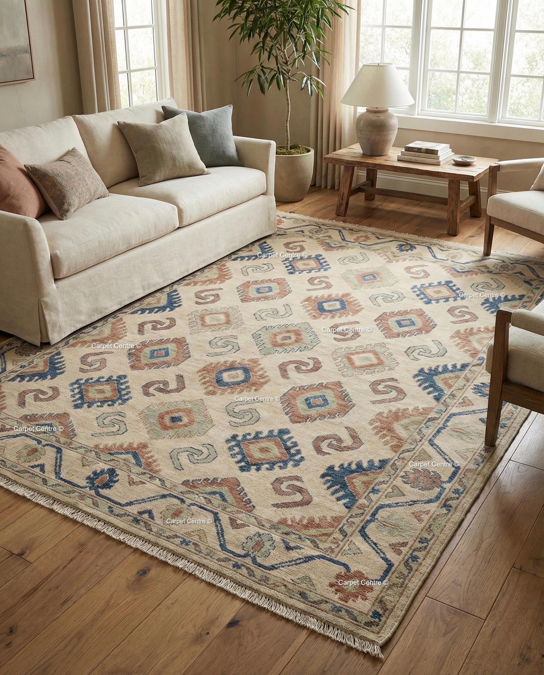 Hand Knotted Oushak Wool Rug, Geometric Diamond, Boho Home Decor
