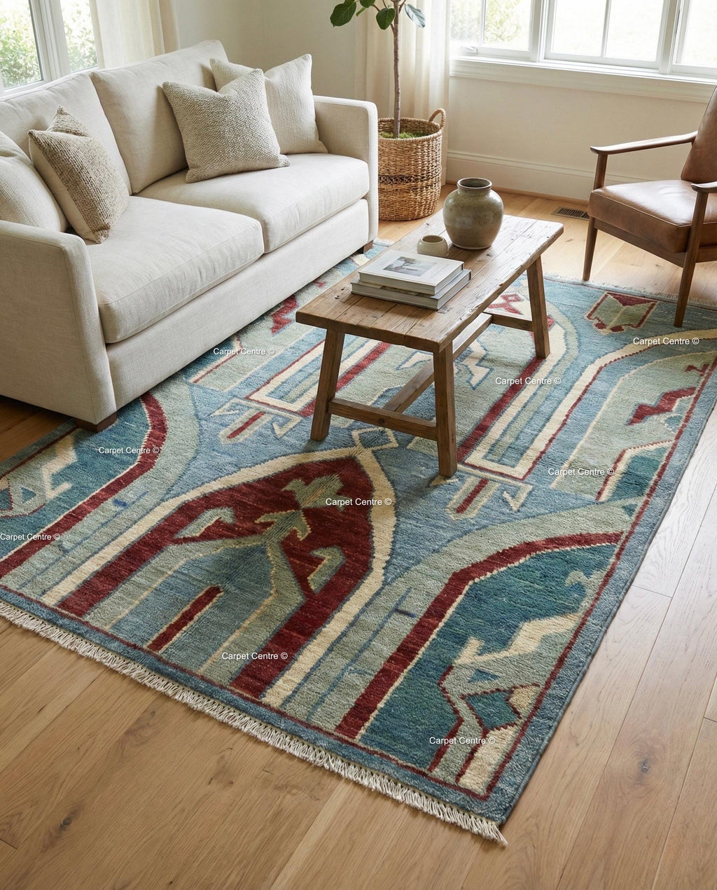 Hand Knotted Teal Oushak Rug, Geometric Arch Design, Turkish Wool