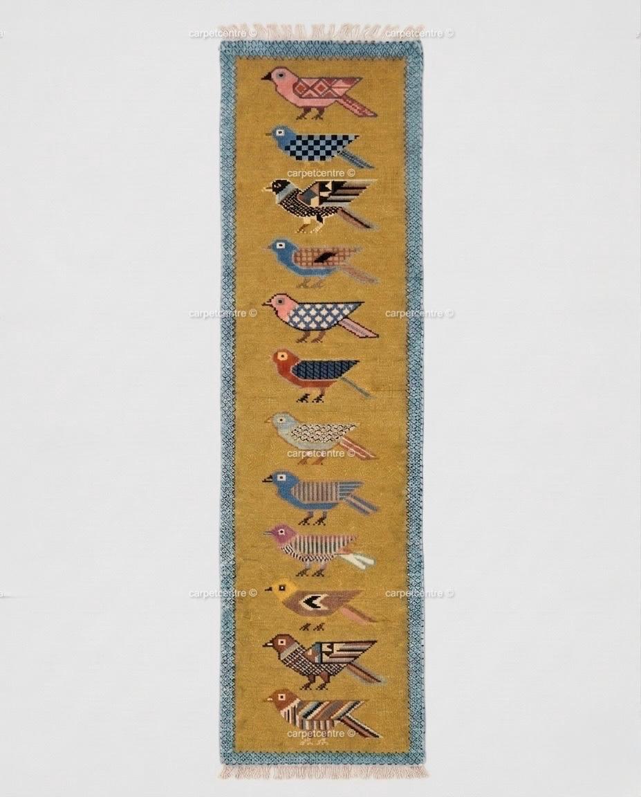 Handmade Wool Runner Rug, Folk Art Bird Design, Olive Green Carpet, Custom Sizes