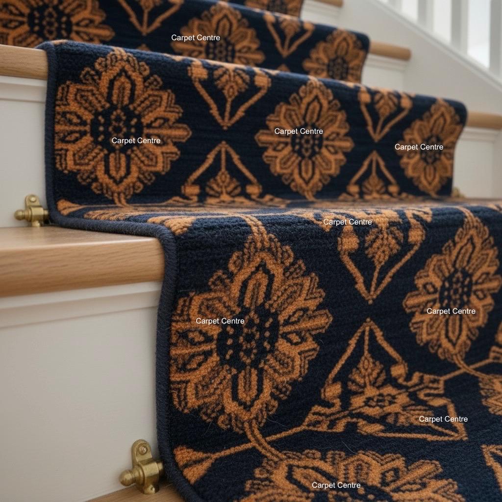 Navy Blue Gold Geometric Hand-Knotted Wool Runner Rug, 2x8 Entryway Hallway Carpet