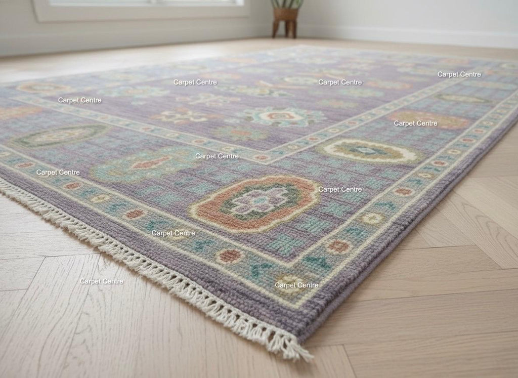 Hand-Knotted Oushak Wool Rug: Lilac Purple Folk Art Medallion