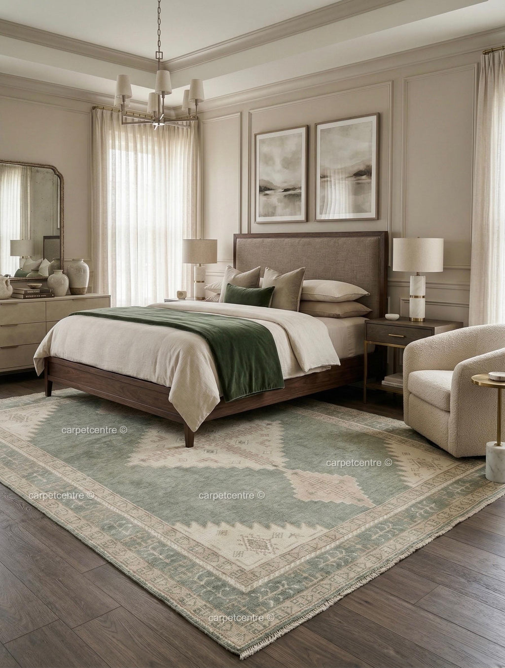 Hand Knotted Wool Rug, Muted Sage Green Pastel Turkish Style Area Rug