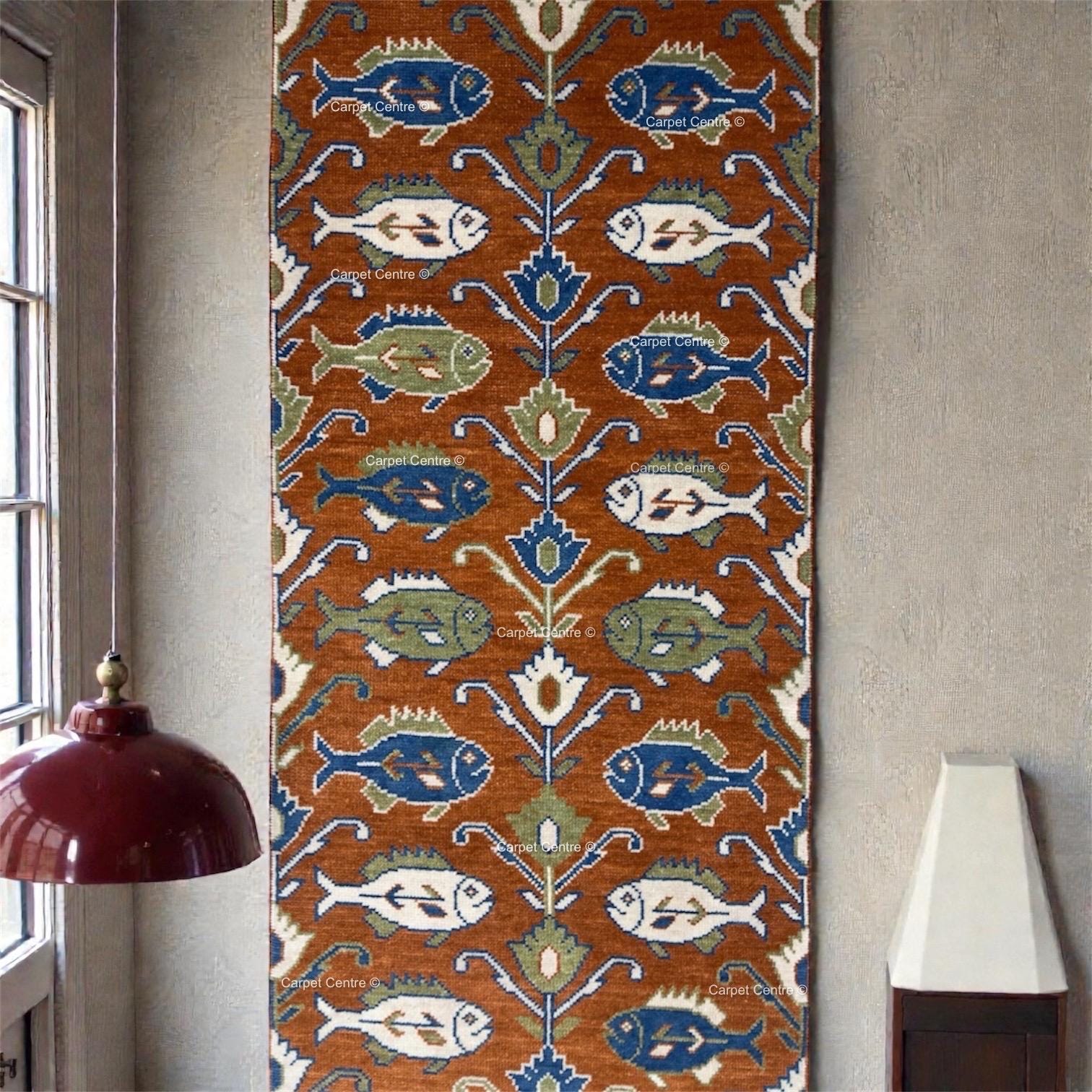 Hand-Knotted Turkish Oushak Runner Rug, Rust Fish Vintage Hallway Decor