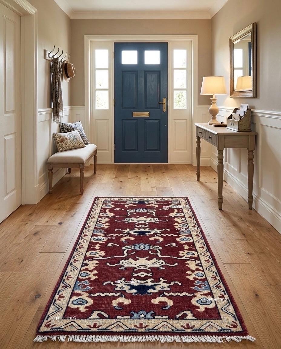 Hand-Knotted Rust Red Wool Runner Rug, Navy Blue Tribal Oushak Design