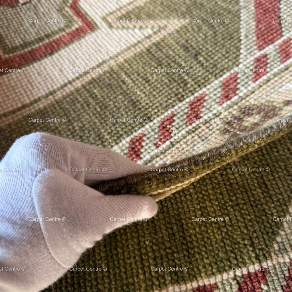Hand-Knotted Wool Oushak Runner Rug, Olive Green Geometric Design