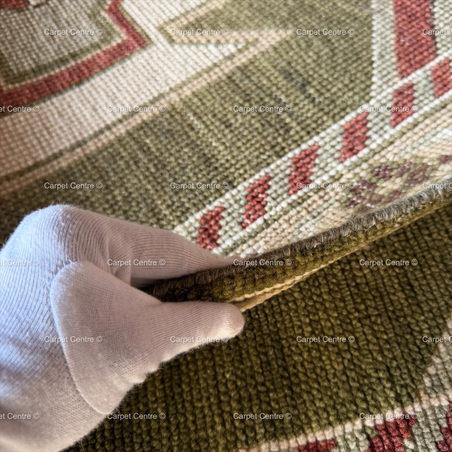 Hand-Knotted Wool Oushak Runner Rug, Olive Green Geometric Design