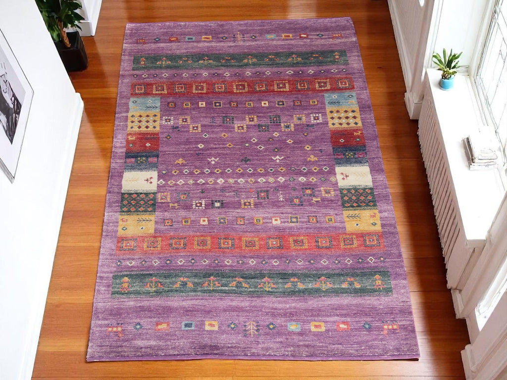 Hand Knotted Wool Rug | Purple Gabbeh Style Tribal Pattern, Multicolor Accents