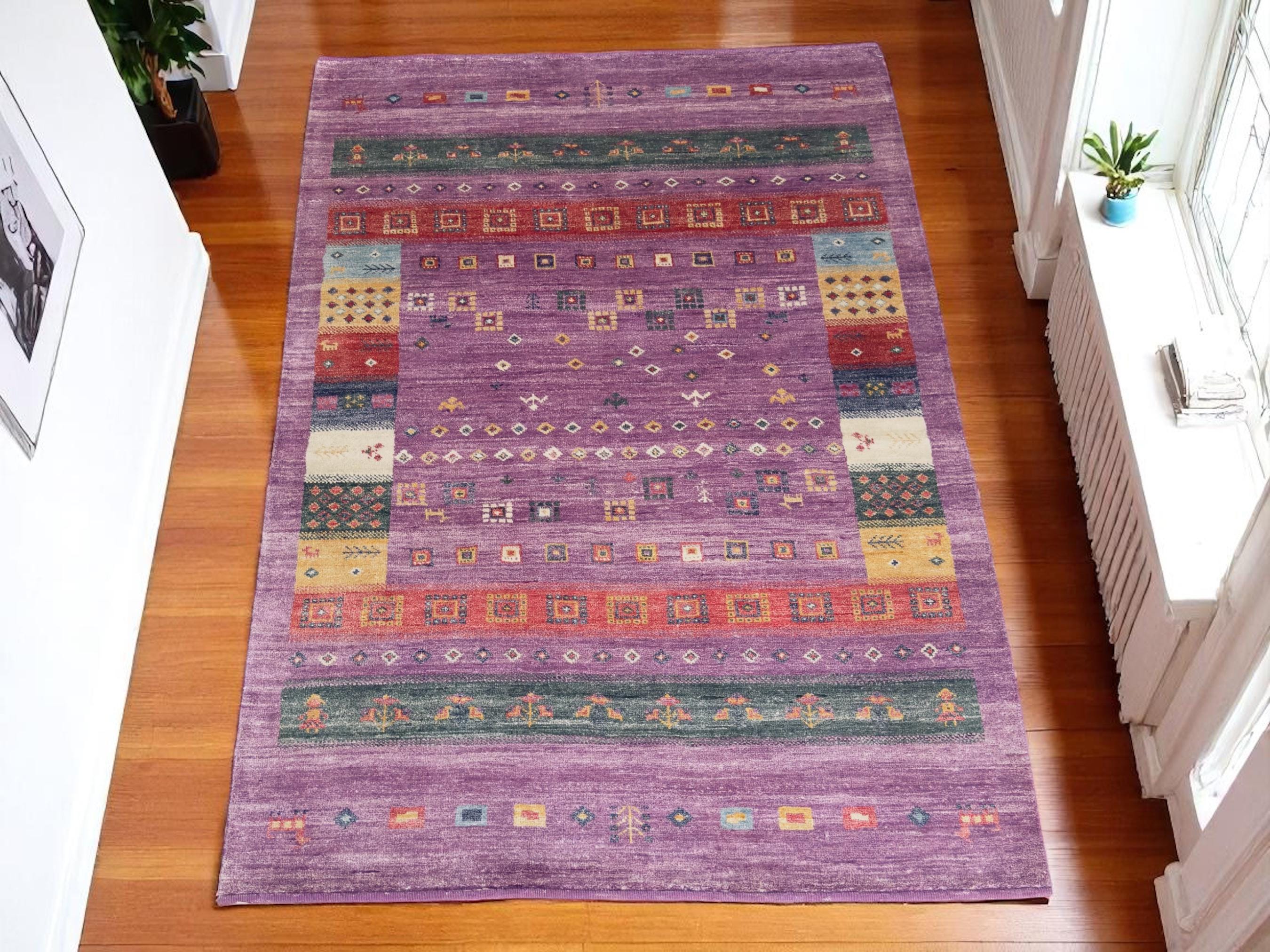 Hand Knotted Wool Rug | Purple Gabbeh Style Tribal Pattern, Multicolor Accents