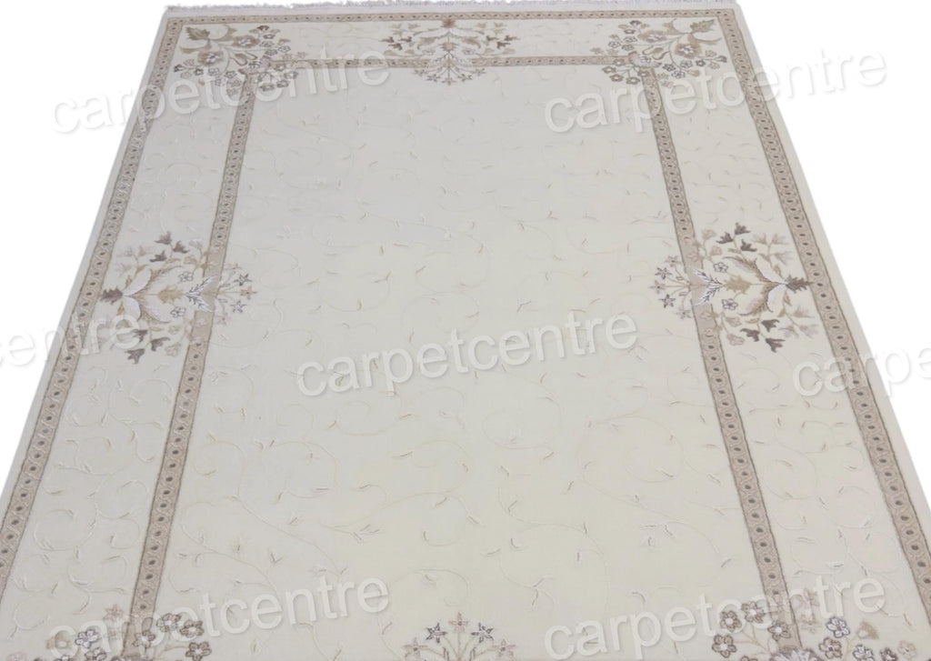 Handwoven Ivory Wool Rug: Vintage Persian Floral Art Silk