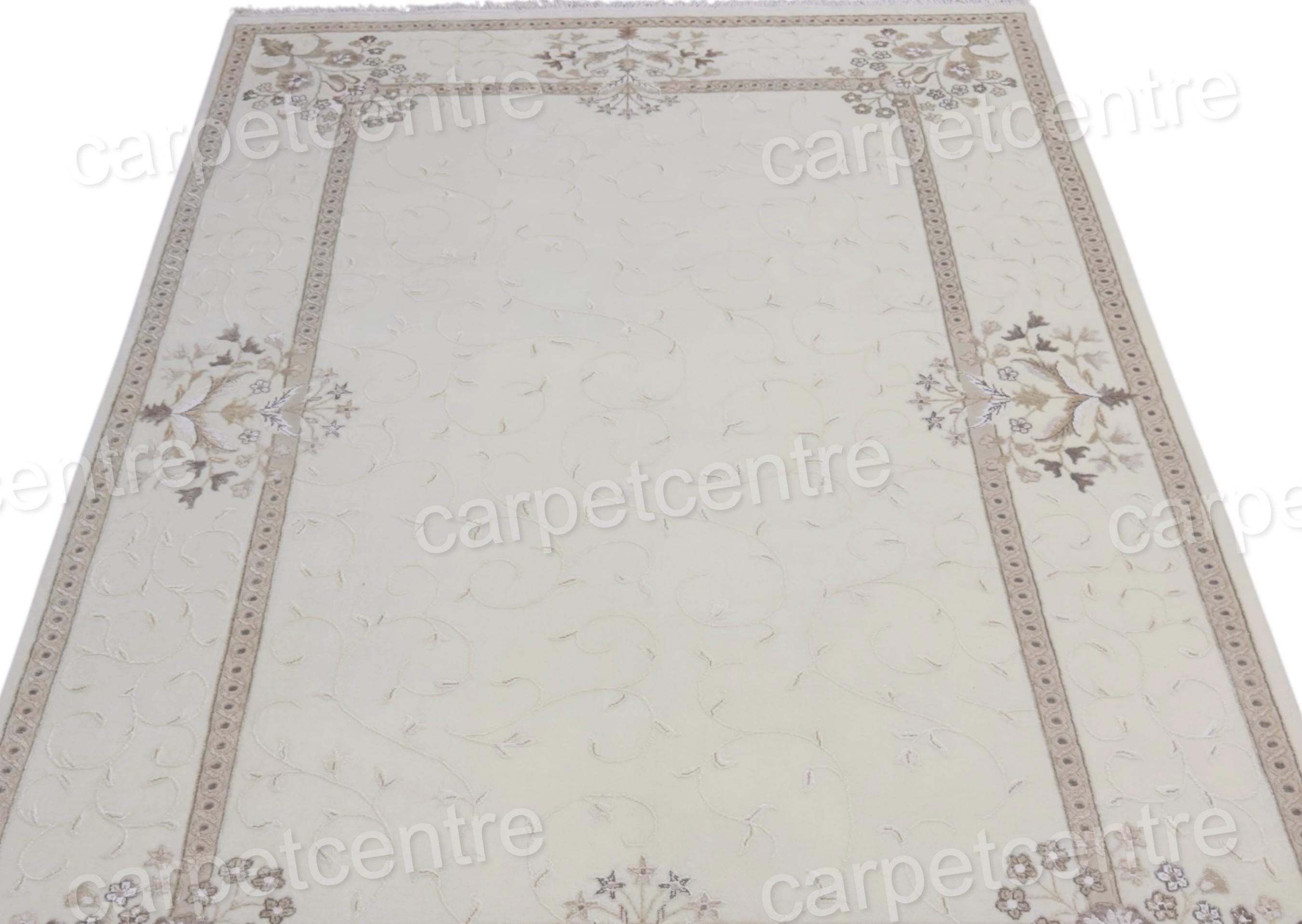 Handwoven Ivory Wool Rug: Vintage Persian Floral Art Silk