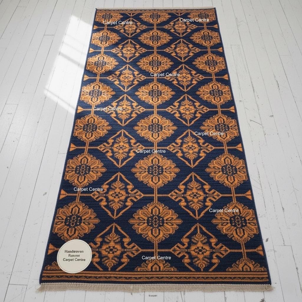 Navy Blue Gold Geometric Hand-Knotted Wool Runner Rug, 2x8 Entryway Hallway Carpet