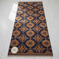 Navy Blue Gold Geometric Hand-Knotted Wool Runner Rug, 2x8 Entryway Hallway Carpet