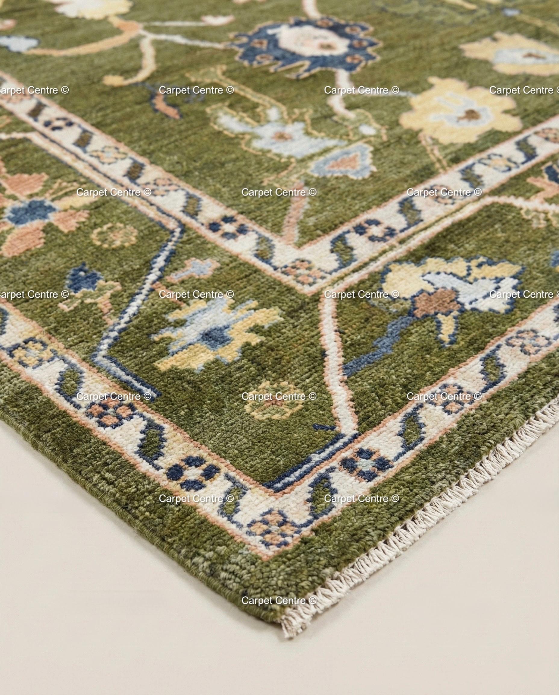 Hand-Knotted Wool Oushak Rug, Olive Green Arts & Crafts Style