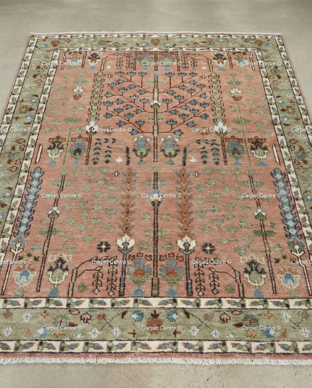 Handmade Oushak Wool Rug – Terracotta Coral, Tree of Life Design