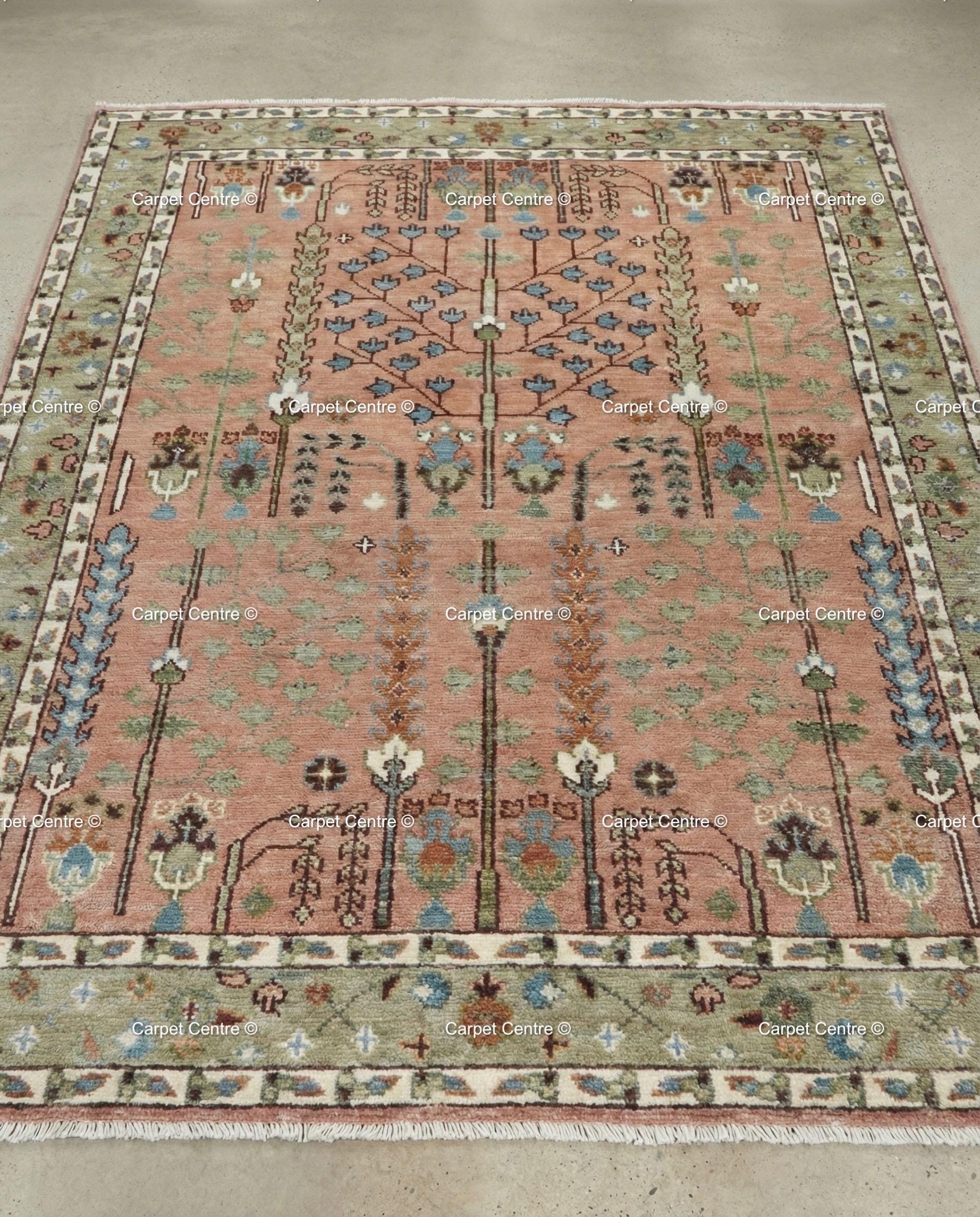 Handmade Oushak Wool Rug – Terracotta Coral, Tree of Life Design