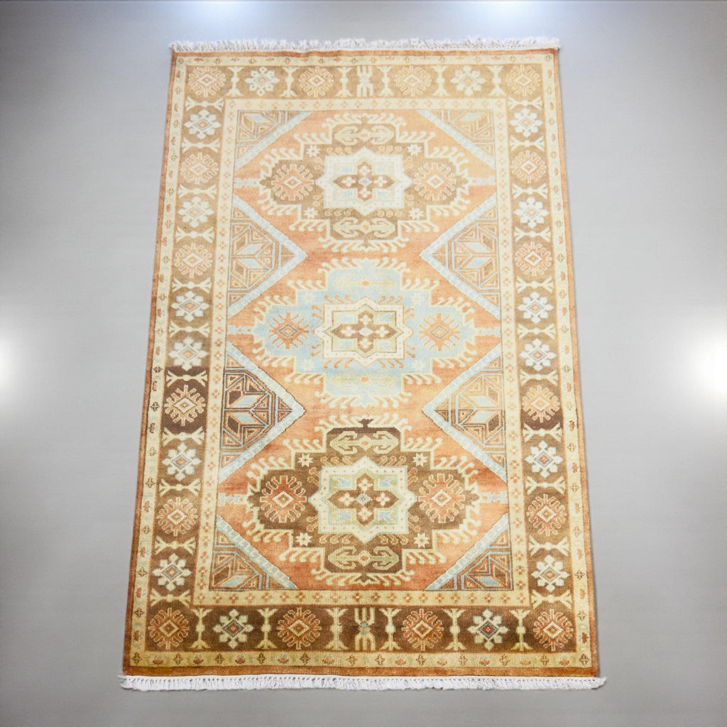 Hand Knotted Wool Rug, Terracotta Muted Orange Tribal Design, Vintage Style Carpet