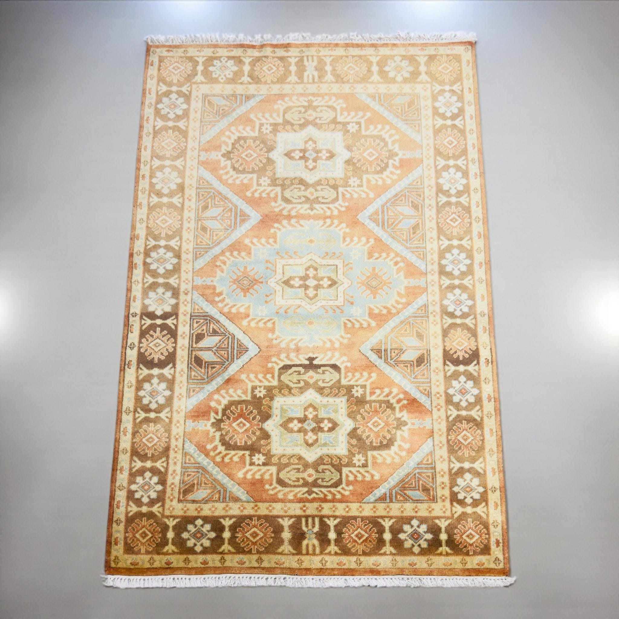Hand Knotted Wool Rug, Terracotta Muted Orange Tribal Design, Vintage Style Carpet