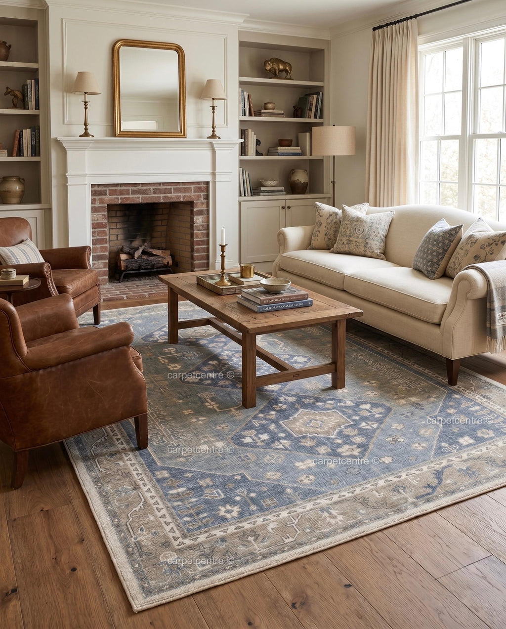 Hand Knotted Oushak Rug: Faded Blue New Zealand Wool Carpet (Custom Size)
