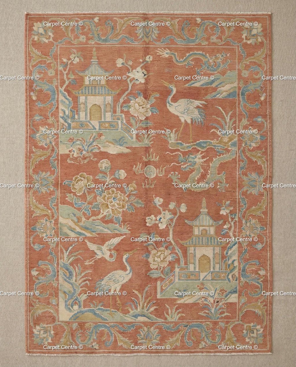 Terracotta Chinoiserie Wool Rug, Hand Knotted Oushak, Dragon Crane Motif