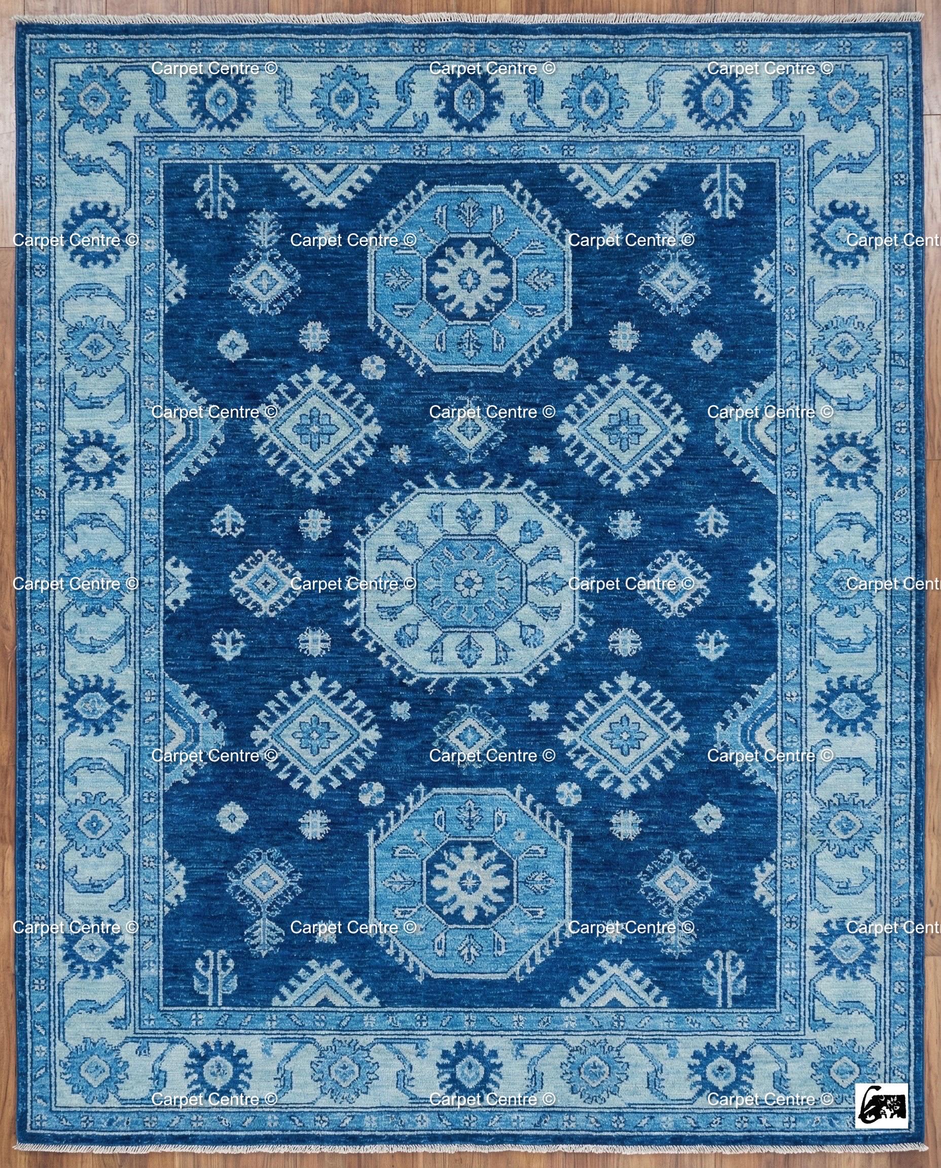 Hand-Knotted Oushak Rug, Indigo Geometric Tribal Wool Carpet, Boys Bedroom Decor