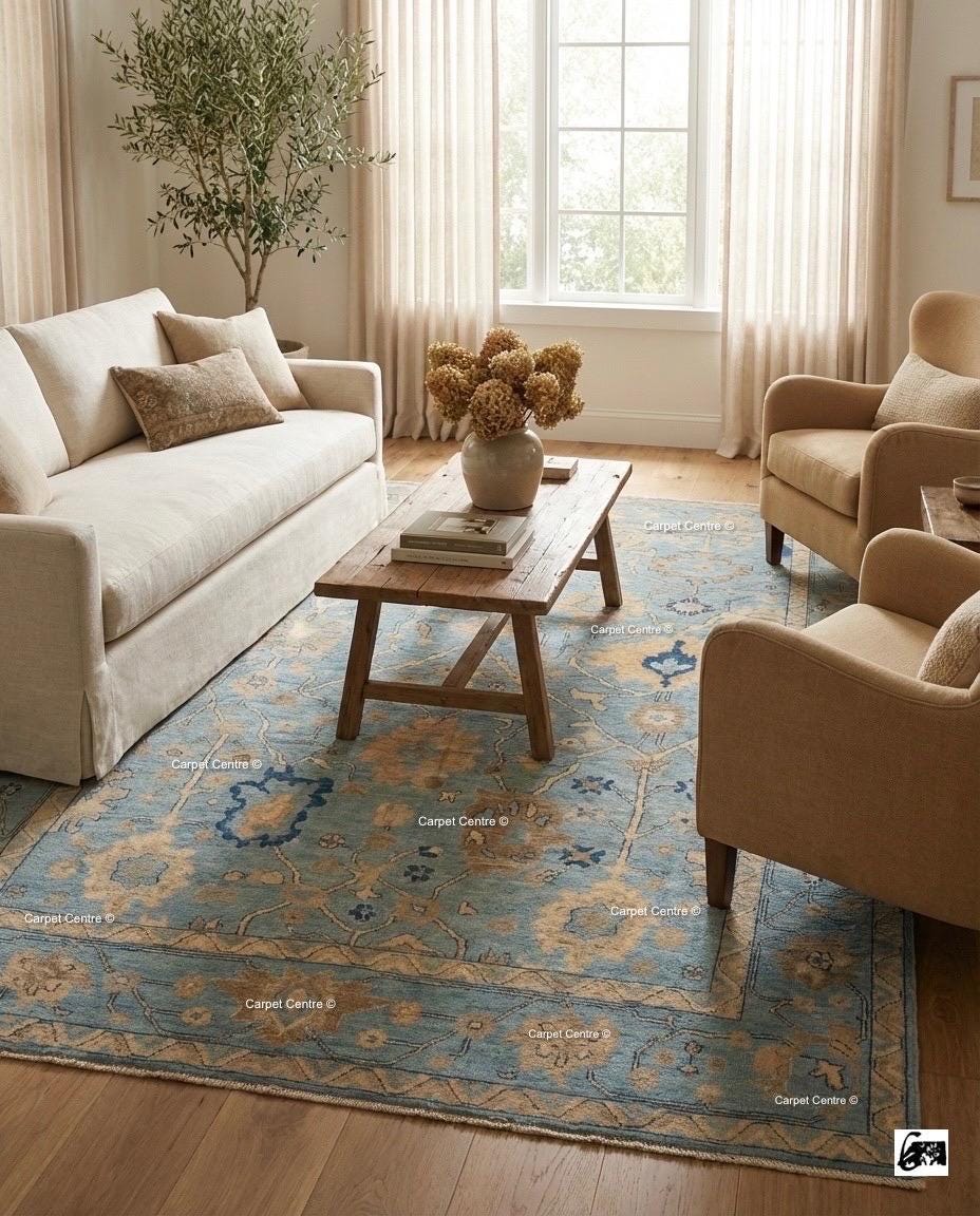 Hand Knotted Wool Oushak Rug, Soft Blue Coastal Decor