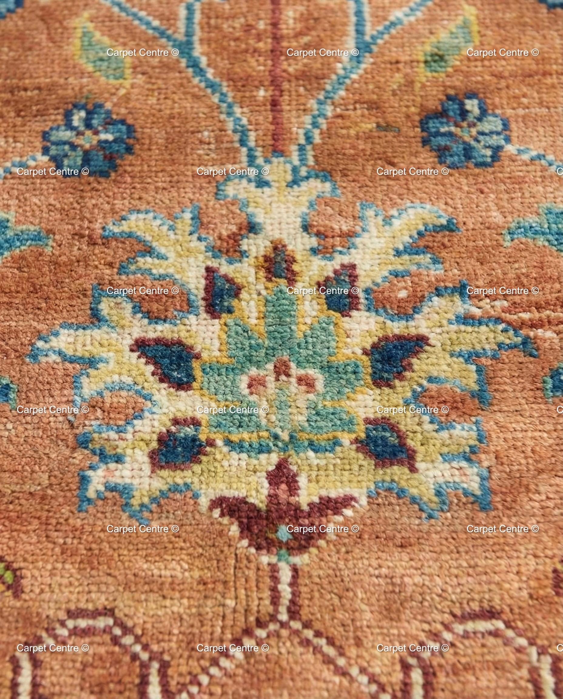 Hand Knotted Oushak Wool Rug, Rust Orange, Blue Floral Mahal