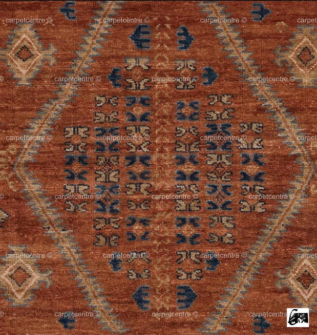Hand-Knotted Wool Oushak Rug: Terracotta, Rust, Blue Geometric Medallion Area Rug