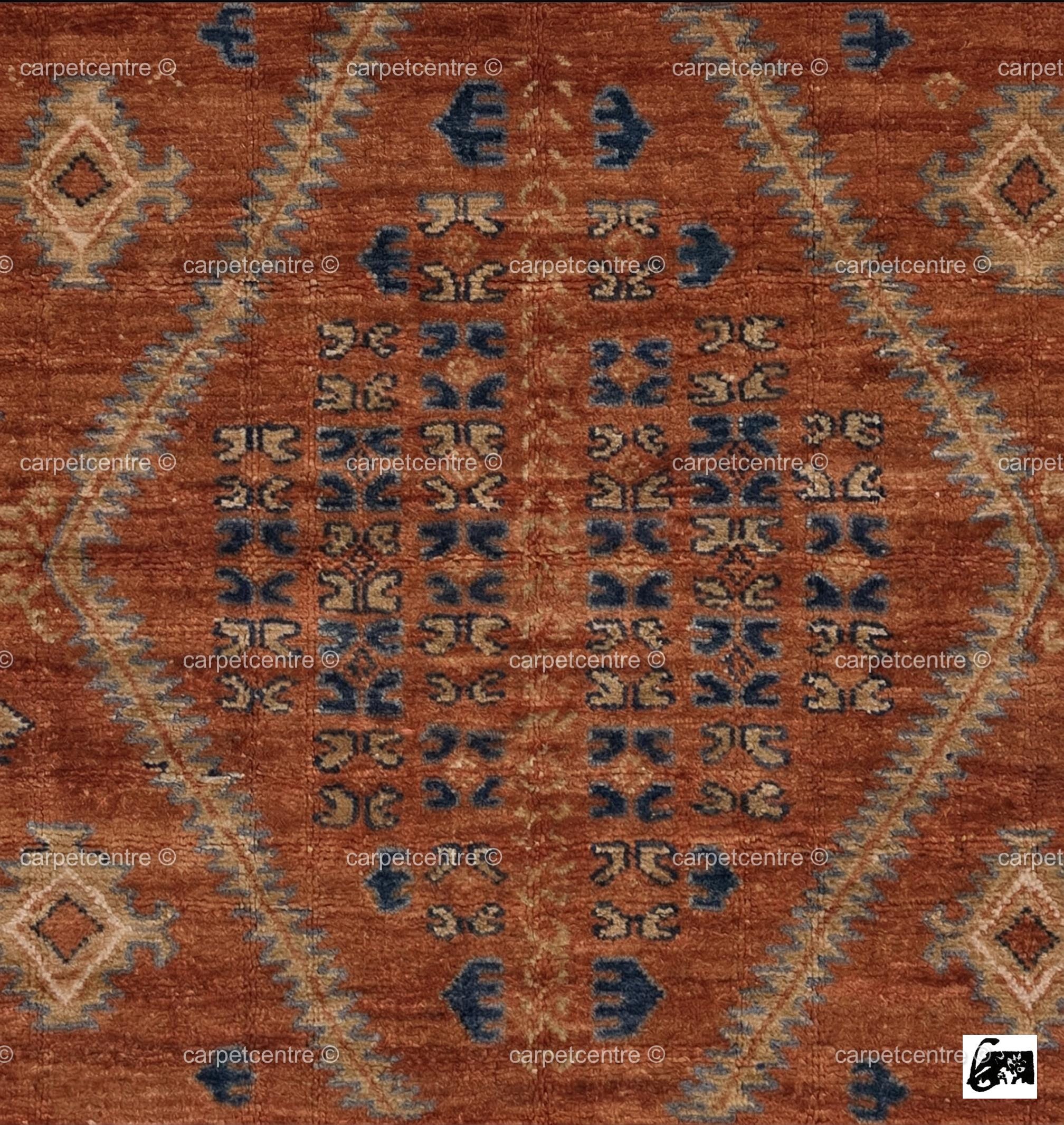 Hand-Knotted Wool Oushak Rug: Terracotta, Rust, Blue Geometric Medallion Area Rug