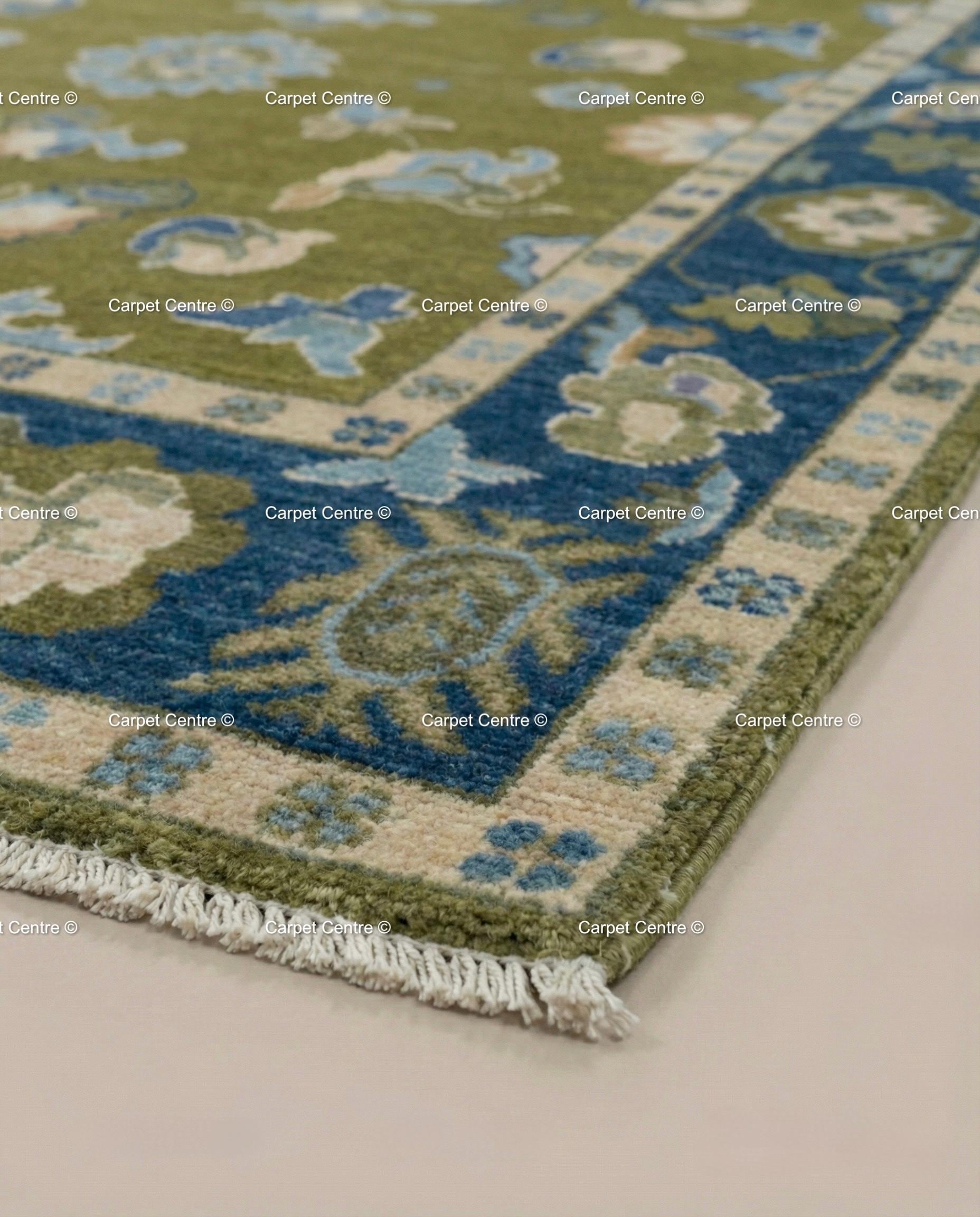 Hand Knotted Wool Oushak Rug, Olive Green, Navy Border
