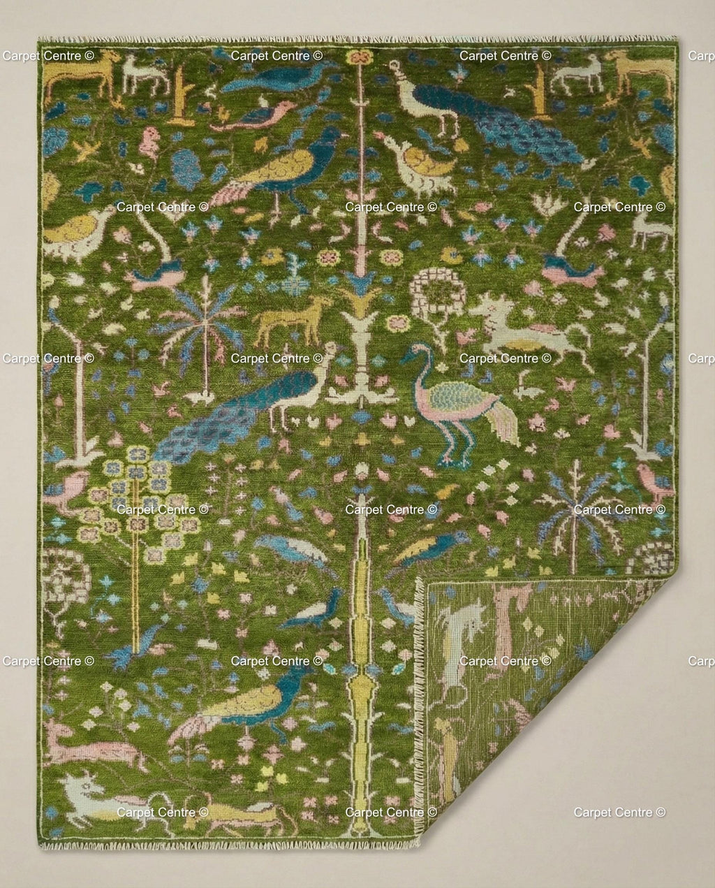 Green Peacock Oushak Rug – Hand Knotted Wool Turkish Rug, 8x10 ft
