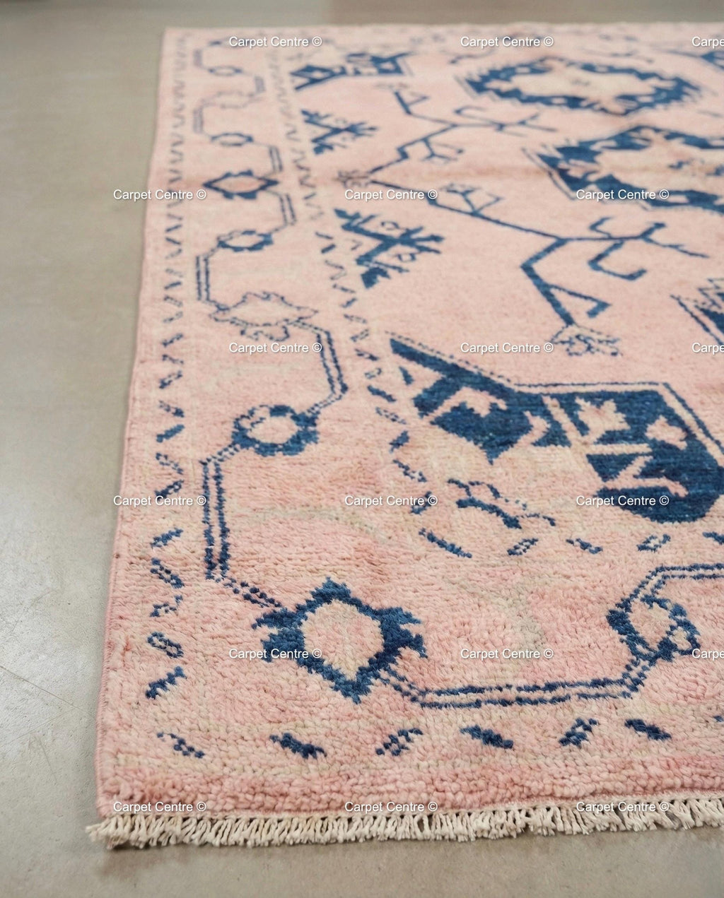 Blush Pink Wool Oushak Rug, Navy Geometric Medallion, Handmade Turkish Knot