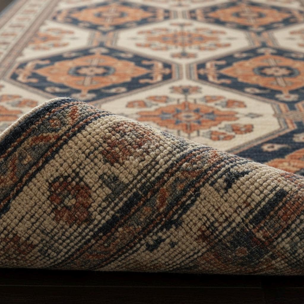 Hand-Knotted Wool Runner Rug, Navy Blue Terracotta Hexagon, Oushak Style