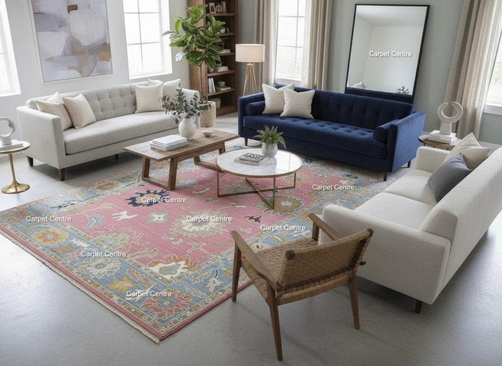 Hand-Knotted Oushak Wool Rug | Dusty Rose Bohemian Floral