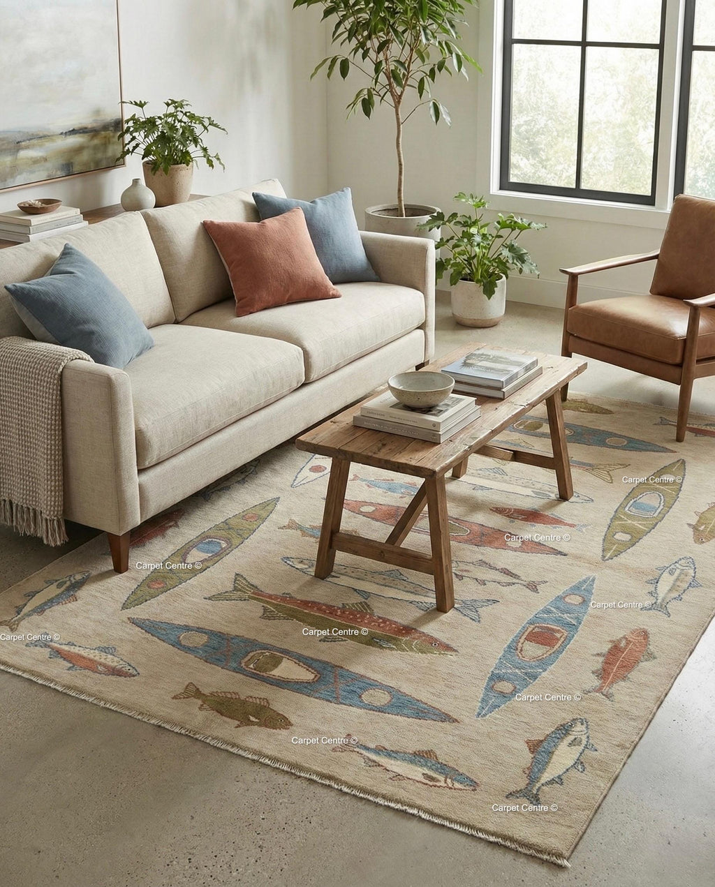 Hand-Knotted Turkish Wool Oushak Rug, Canoe & Fish Design