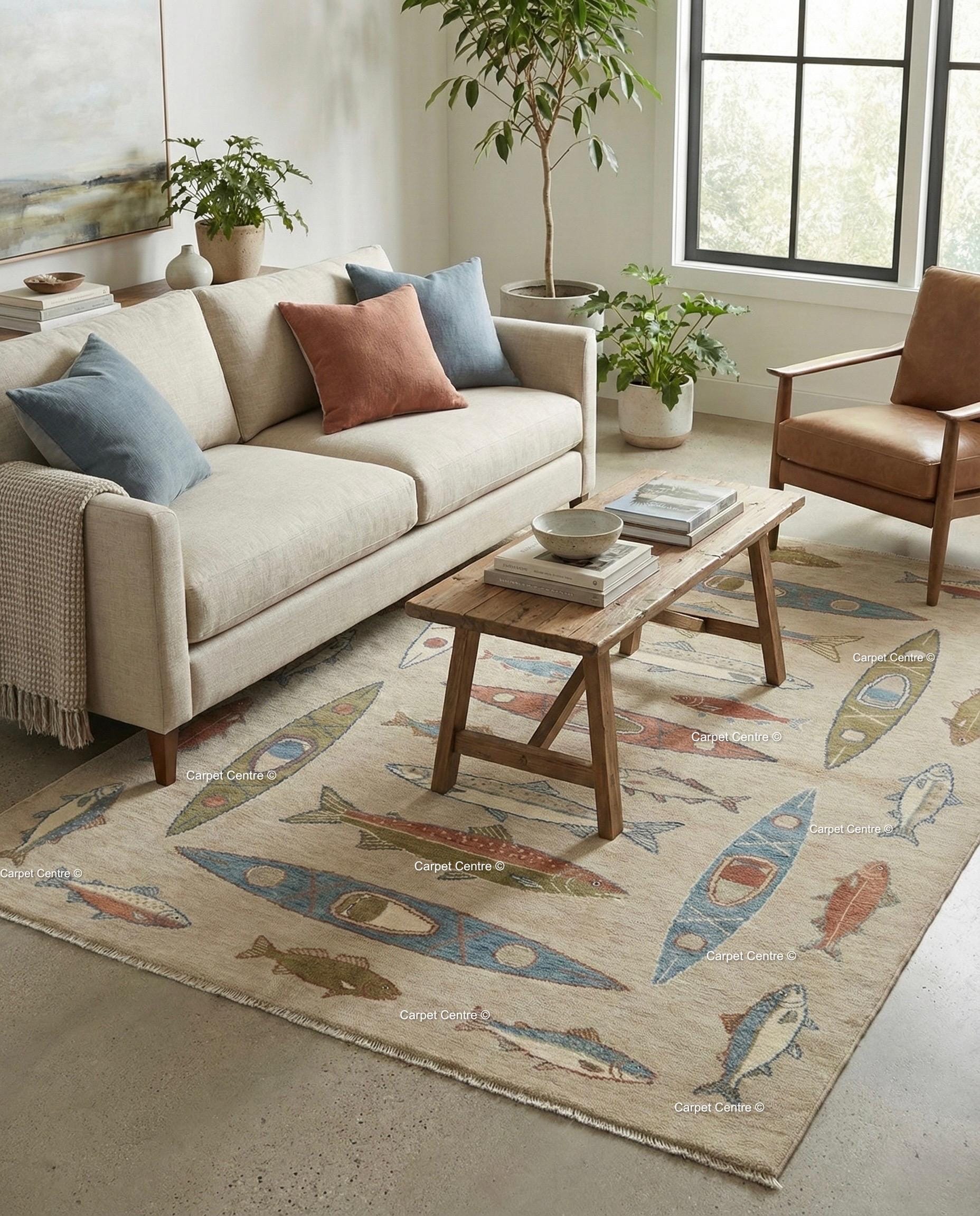 Hand-Knotted Turkish Wool Oushak Rug, Canoe & Fish Design
