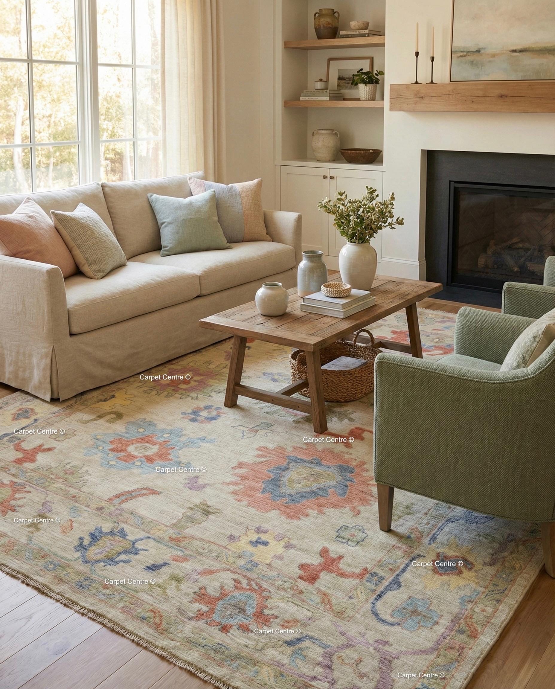 Hand Knotted Wool Oushak Rug – Beige & Pastel Floral, Turkish Knot