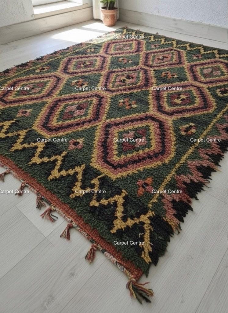 Green Moroccan Shag Rug, Hand-Knotted Wool, Geometric Diamond, Tulu Style