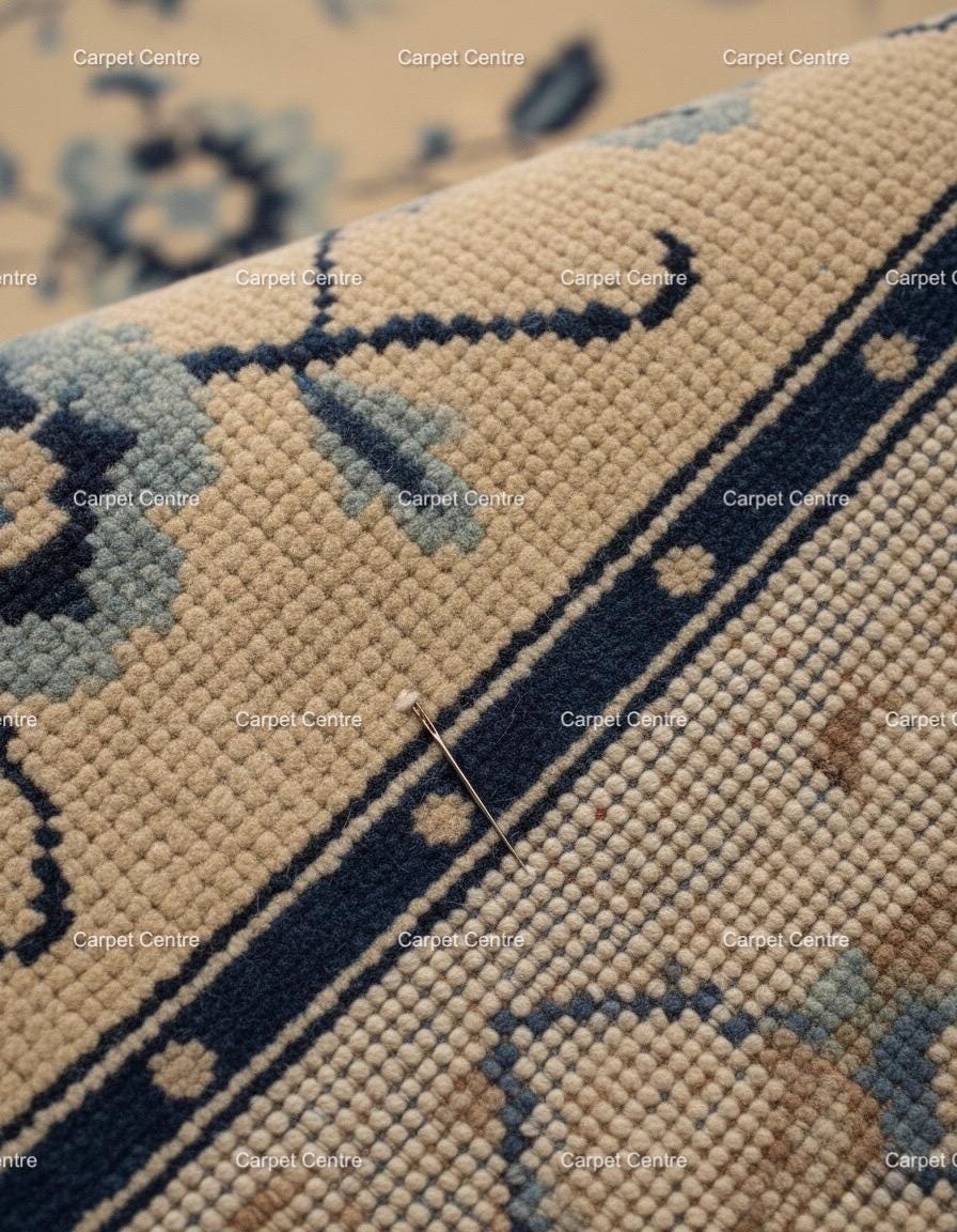 Hand-Knotted Oushak Wool Rug: Blue Beige Chinoiserie Design