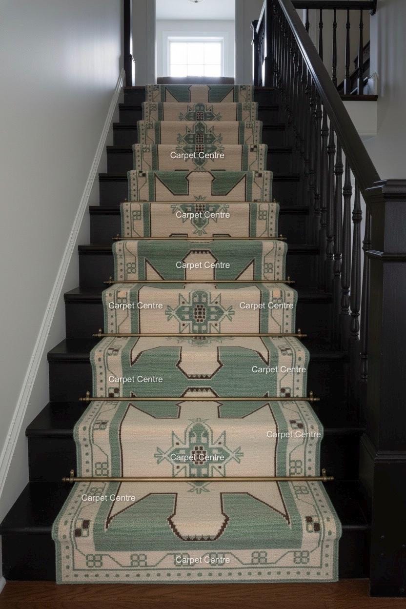 Hand Knotted Oushak Wool Runner Rug | Mint Green Geometric Design