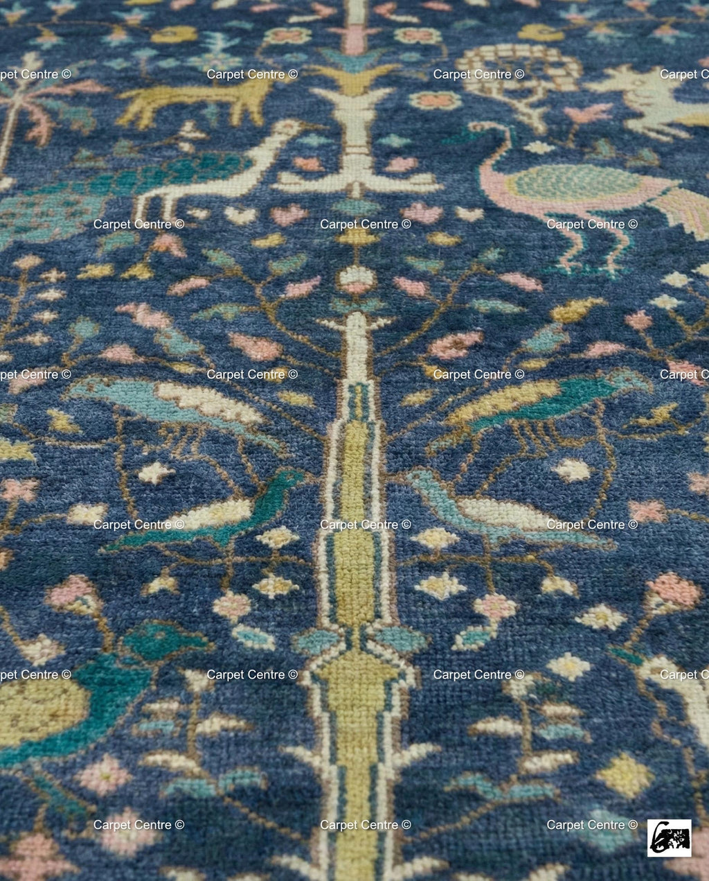 Navy Oushak Wool Rug, Hand-Knotted Tree of Life Animal Design, Boho Decor