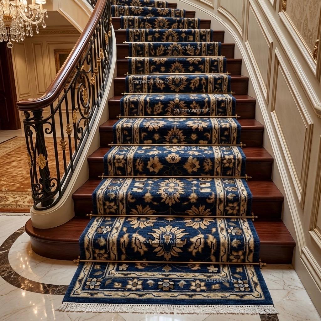Handmade Oushak Wool Runner Rug: Navy Blue Floral Hallway Rug