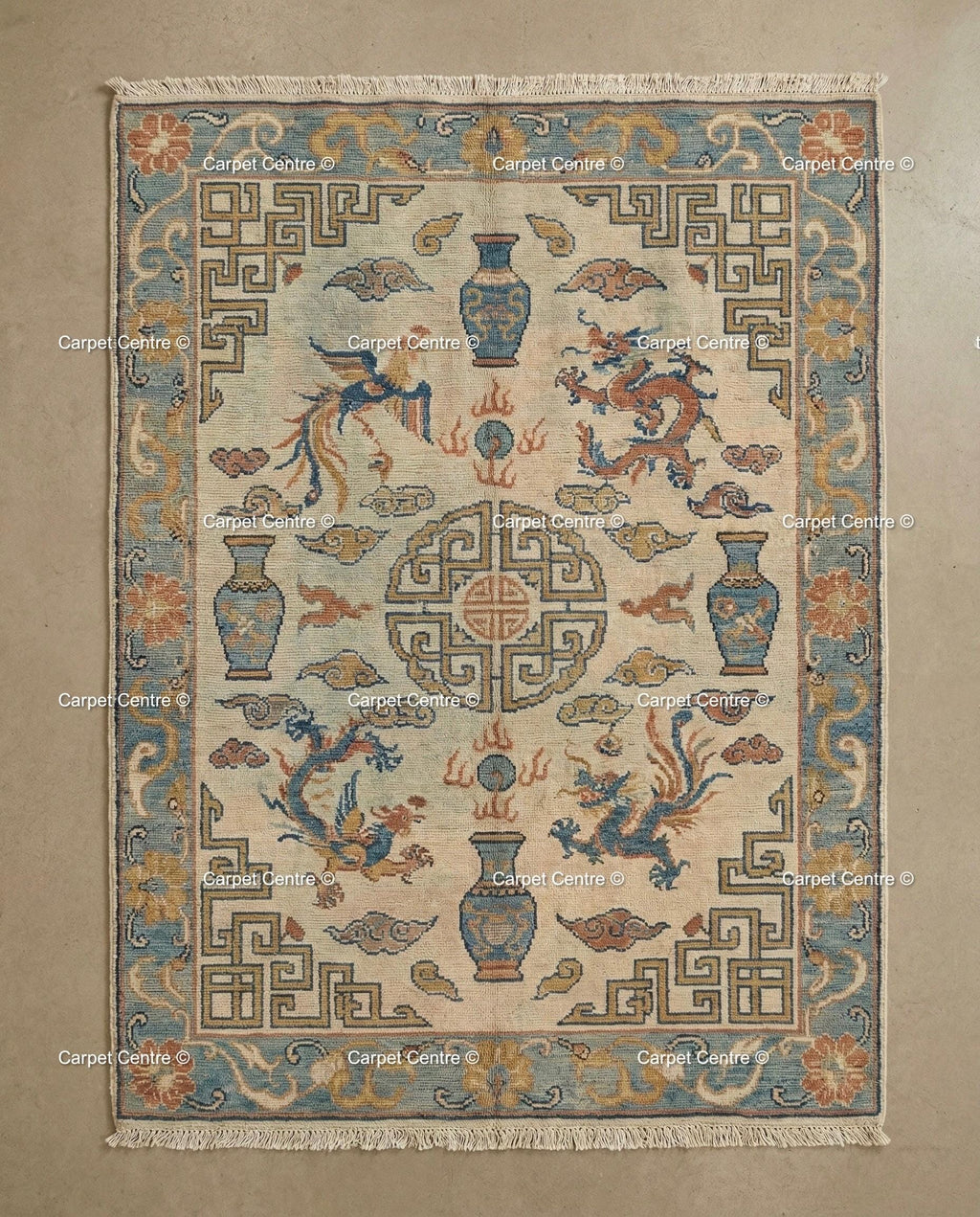 Hand Knotted Wool Rug, Beige Chinoiserie Dragon Phoenix Motif