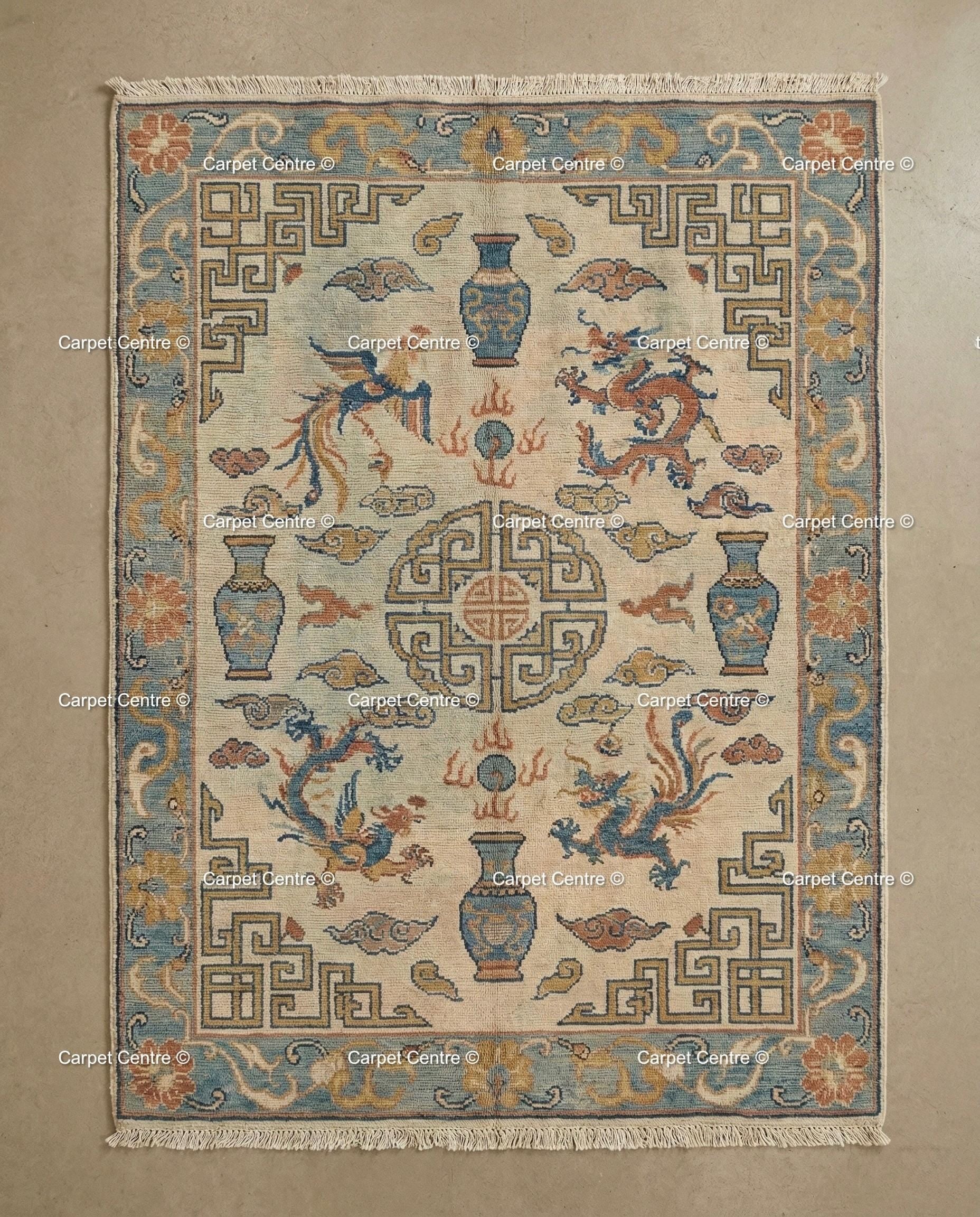 Hand Knotted Wool Rug, Beige Chinoiserie Dragon Phoenix Motif