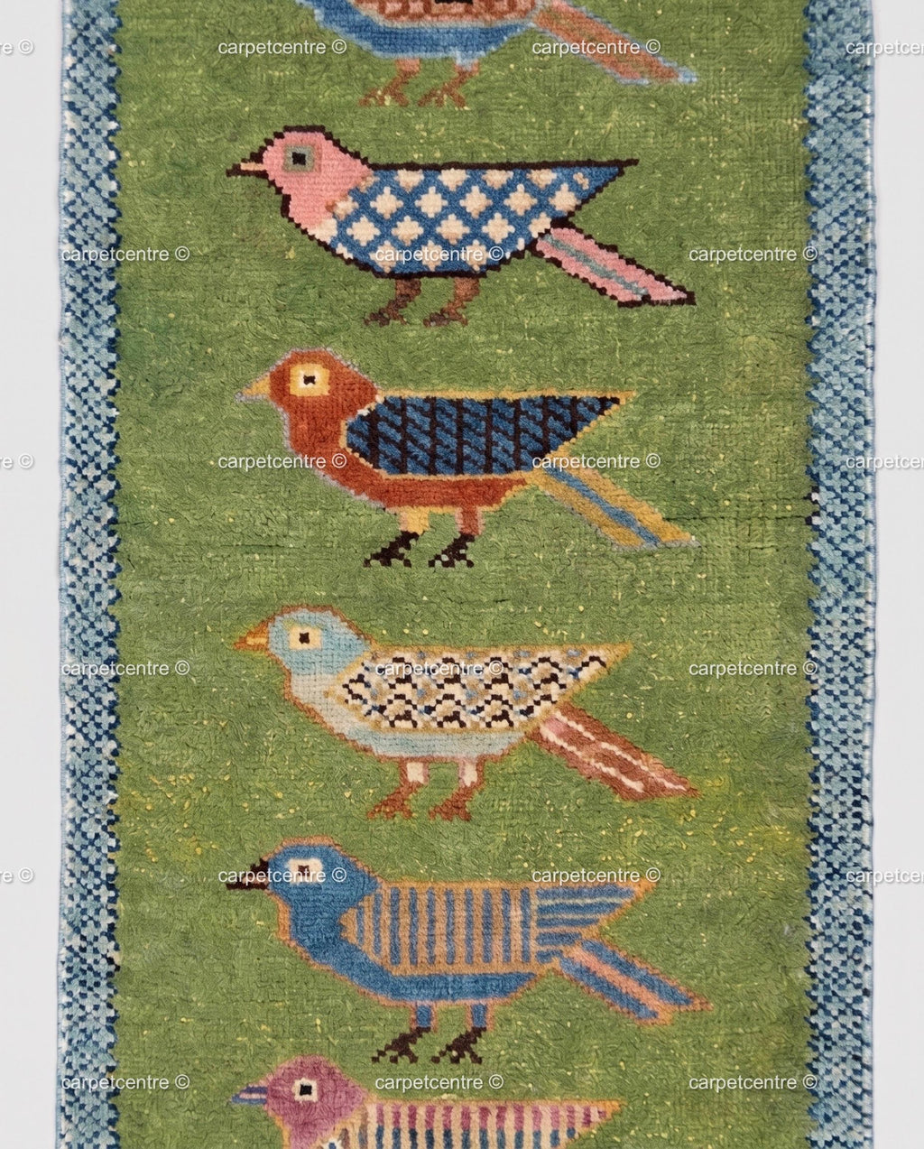 Handmade Wool Runner Rug Folk Art Bird Design, Green Carpet, Hallway-Entryway-Kitchen-Bathroom Runner