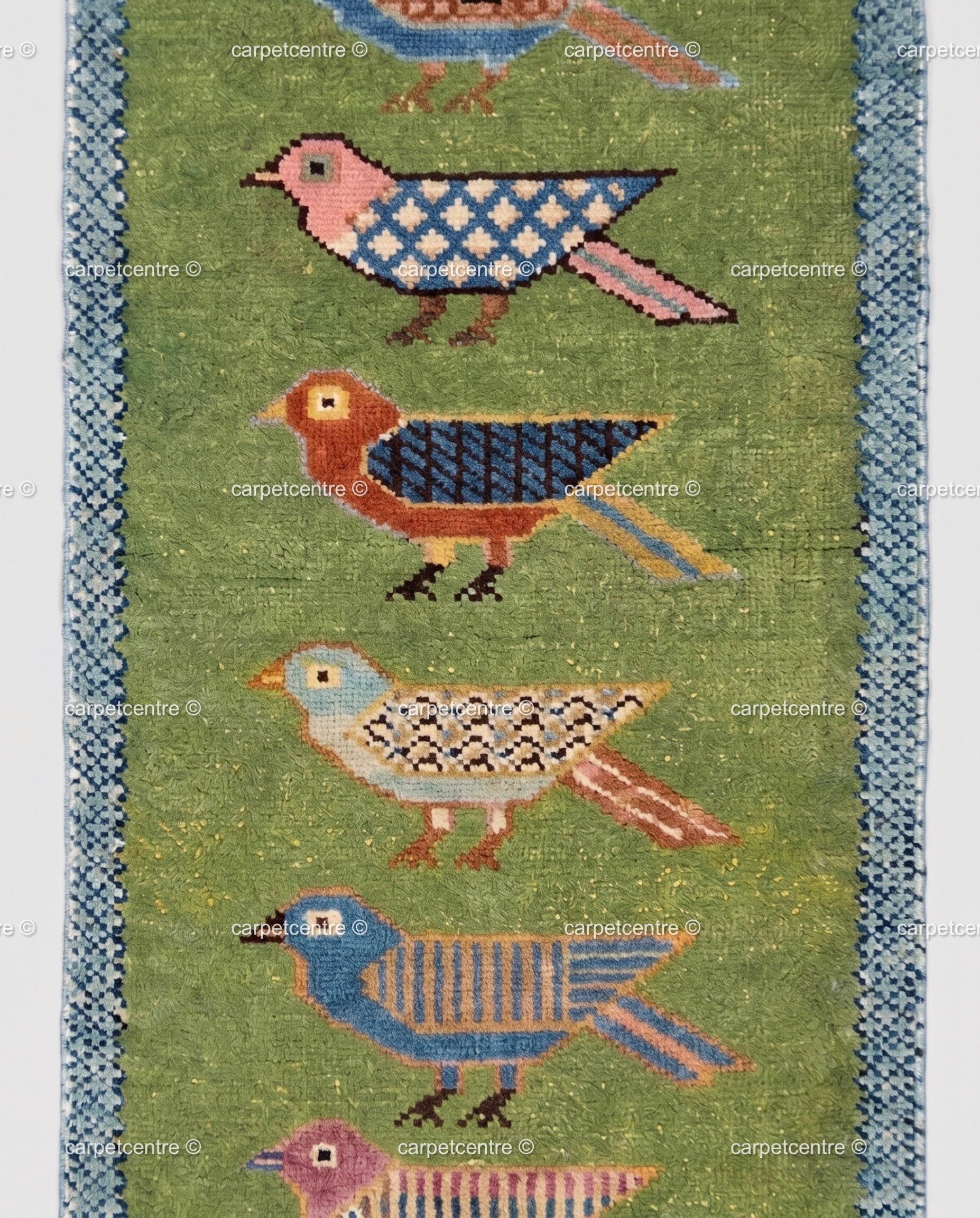 Handmade Wool Runner Rug Folk Art Bird Design, Green Carpet, Hallway-Entryway-Kitchen-Bathroom Runner