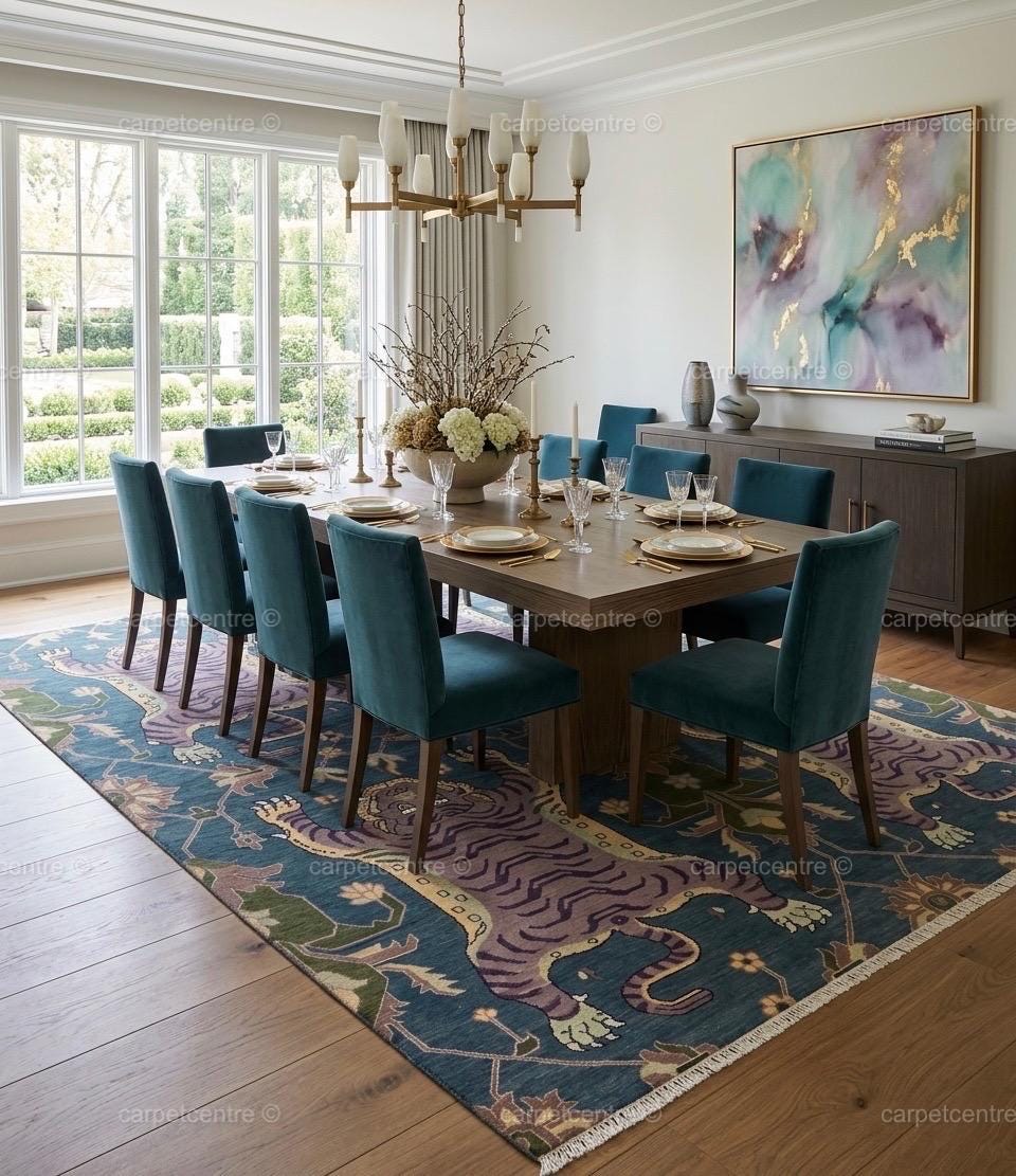 Tibetan Tiger Oushak Rug | Blue Hand-Knotted Wool Area Rug | Maximalist Boho Carpet