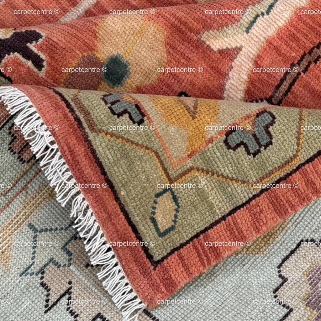 Hand-Knotted Wool Oushak Rug, Terracotta Floral, Sage Green Border, Farmhouse Style